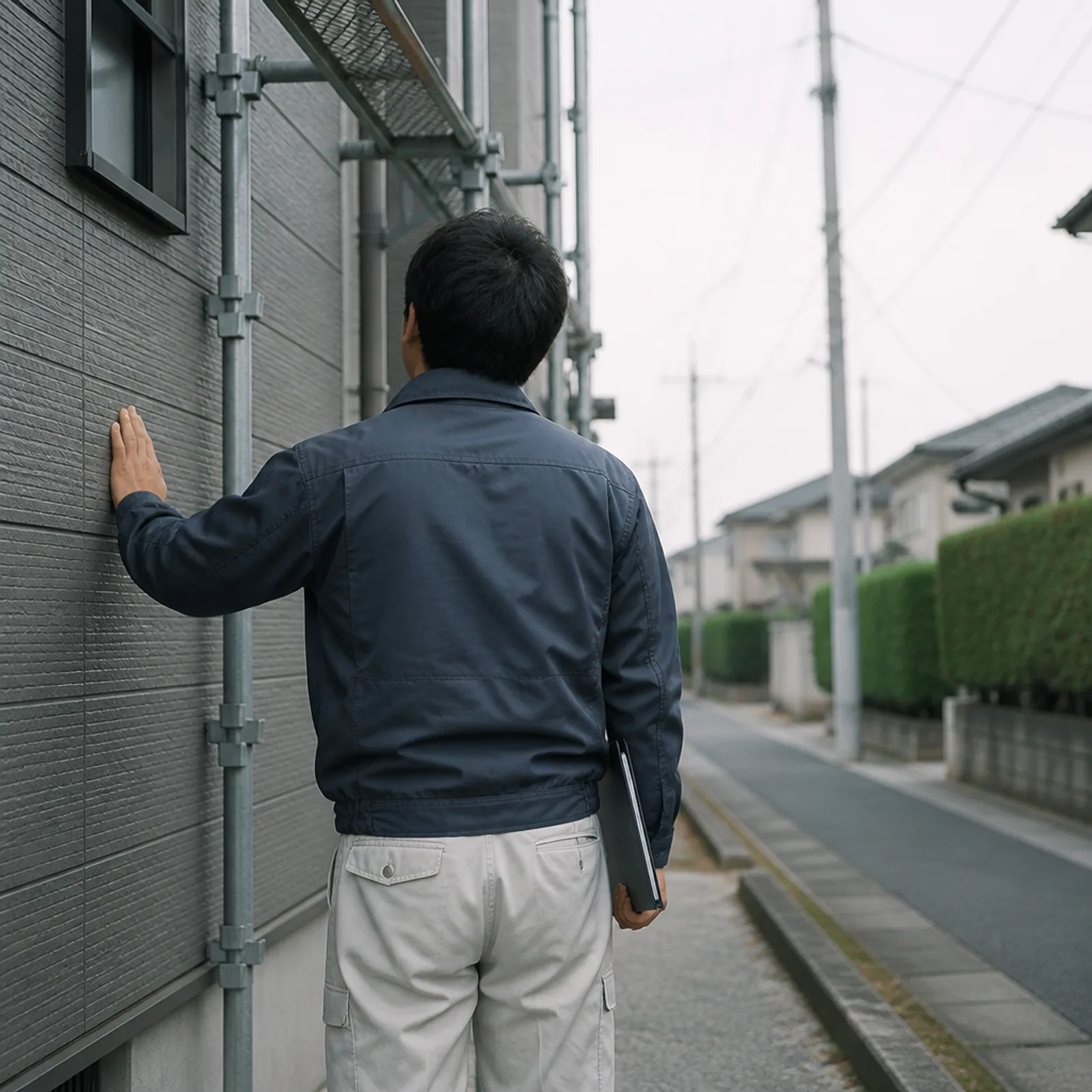 住宅の外壁を現地調査する担当者の後ろ姿