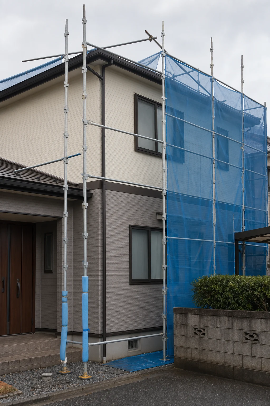 外壁塗装作業中の住宅